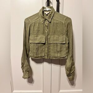 Pilcro Cropped Linen Olive  Green Button Up